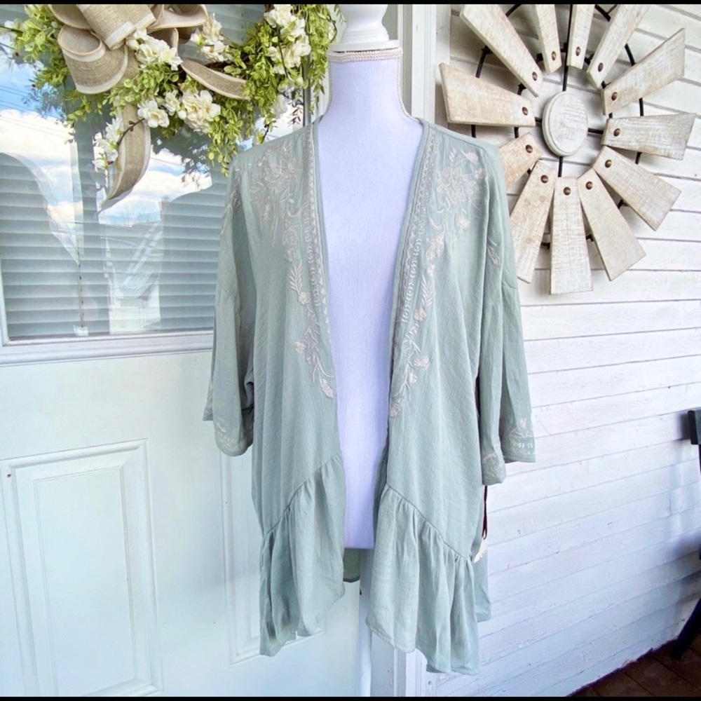 Sage Green Embroidered Gauze BoHo Kimono 3rd Piece